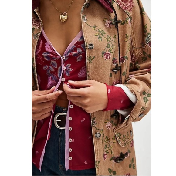 FREE PEOPLE Home Grown Floral Majenta Combo Button-Up Women's Mesh Cardigan - Picture 4 of 6